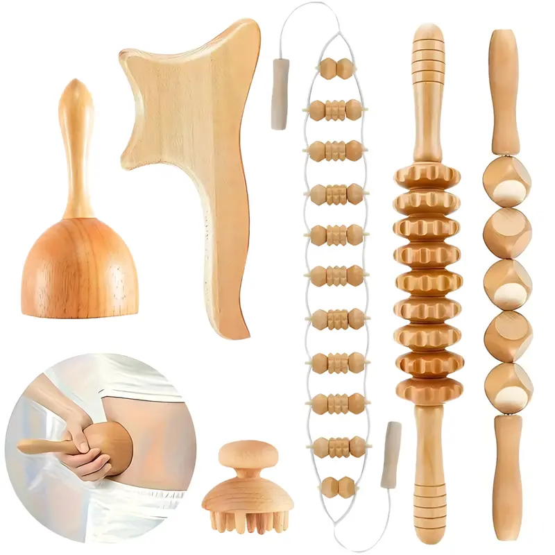 6-In-1 Manual Wooden Massage Tool Set, Massagers, Full Body Muscle Relaxation, Four Seasons Use, Zelkova Serrata, Wood Material, Muscle Roller Stick, Single Item