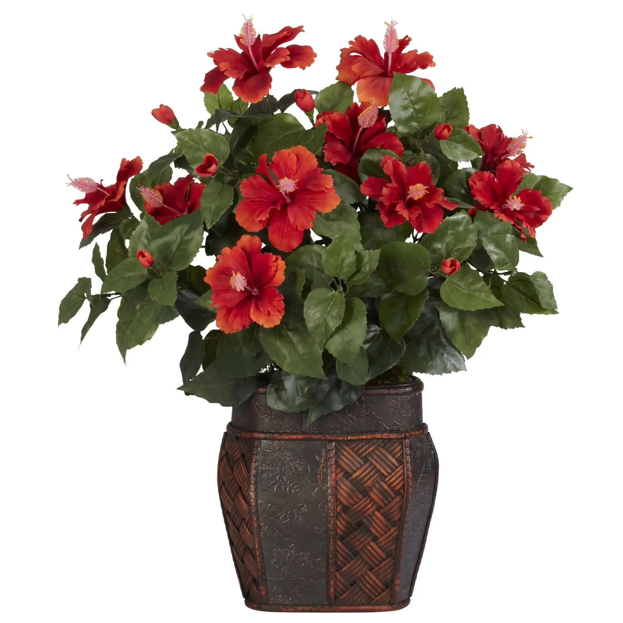 Decorative Fake Silk Hibiscus Flower Arrangement with Vase, Synthetic Floral Home Decor Accent Piece