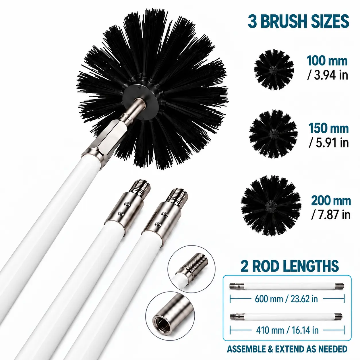 Custom-Length Pipe Cleaning Brush Kit with Connectable Extension Rods, 2 Rod Lengths & 3 Brush Head Sizes for Dryer Vents, Chimneys, HVAC Ducts, Range Hoods and Fireplace Flues