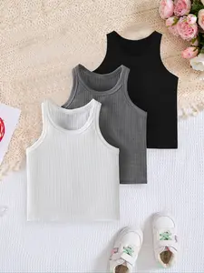 Baby Girls' Spring & Fall Ribbed Tank Top Set, Soft Sleeveless Plain Shirt, Comfortable Round Neck Design, Multi-Color Options, 0-3 Years, Baby Girl Clothes