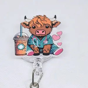 Highland Cow in Scrubs and Stethoscope Acrylic Retractable Badge ID Reel Belt or Alligator Clip identification supply cute holders highland cow hospital worker retractable clip