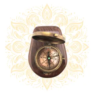 Vintage Brass Pocket Compass with Wooden Case – 2 Inch Antique Navigation Compass