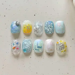 10pcs Short Square Handmade False Nails Tips Fantasy Glitter Cat's Eye Blue Press on Nails Sets Seas Design Fake Nail Art