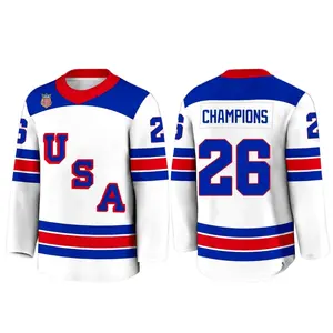 USA Style Champions 26 Hockey Jersey Retro Color Block Red White Blue Long Sleeve Athletic Fan Shirt Casual Streetwear Unisex Sports Top