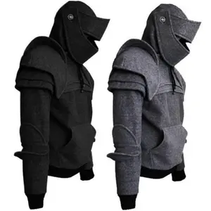 Men Sweatshirt Solid Color Front Pocket Pullover Hoodie Medieval Style Face Cover Hooded Knight Halloween Clothing