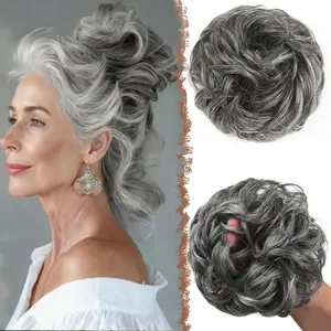 Messy Bun Hair Pieces - Large Wavy Curly Elastic Hair Bun Scrunchies Ponytail Extensions Synthetic Chignon Hairpieces for Women, Black Gray and White Tips
