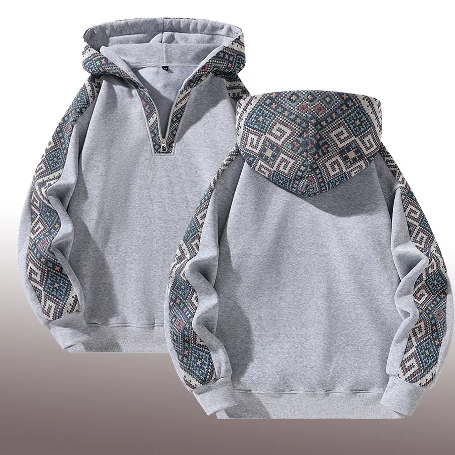 Men's Thick Knit Half-Zip Hoodie Pullover - Longsleeves Male Clothing, Cozy, Adjustable, Dual-Toned, Culturally-Inspired Patchwork Contrast, Retro Ethnic, Fitted Silhouette, Warm Fall Casual Top, Ideal Father's Day Gifts, Birthday Gifts for BF