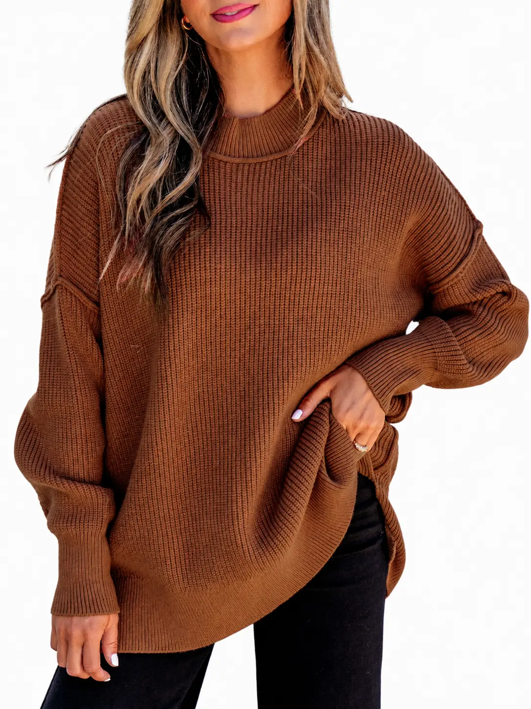 Women's Ribbed Knit Sweater Stand Neck Long Sleeve Pullover Soft Warm Chestnut Fall Sweaters, Regular Fit