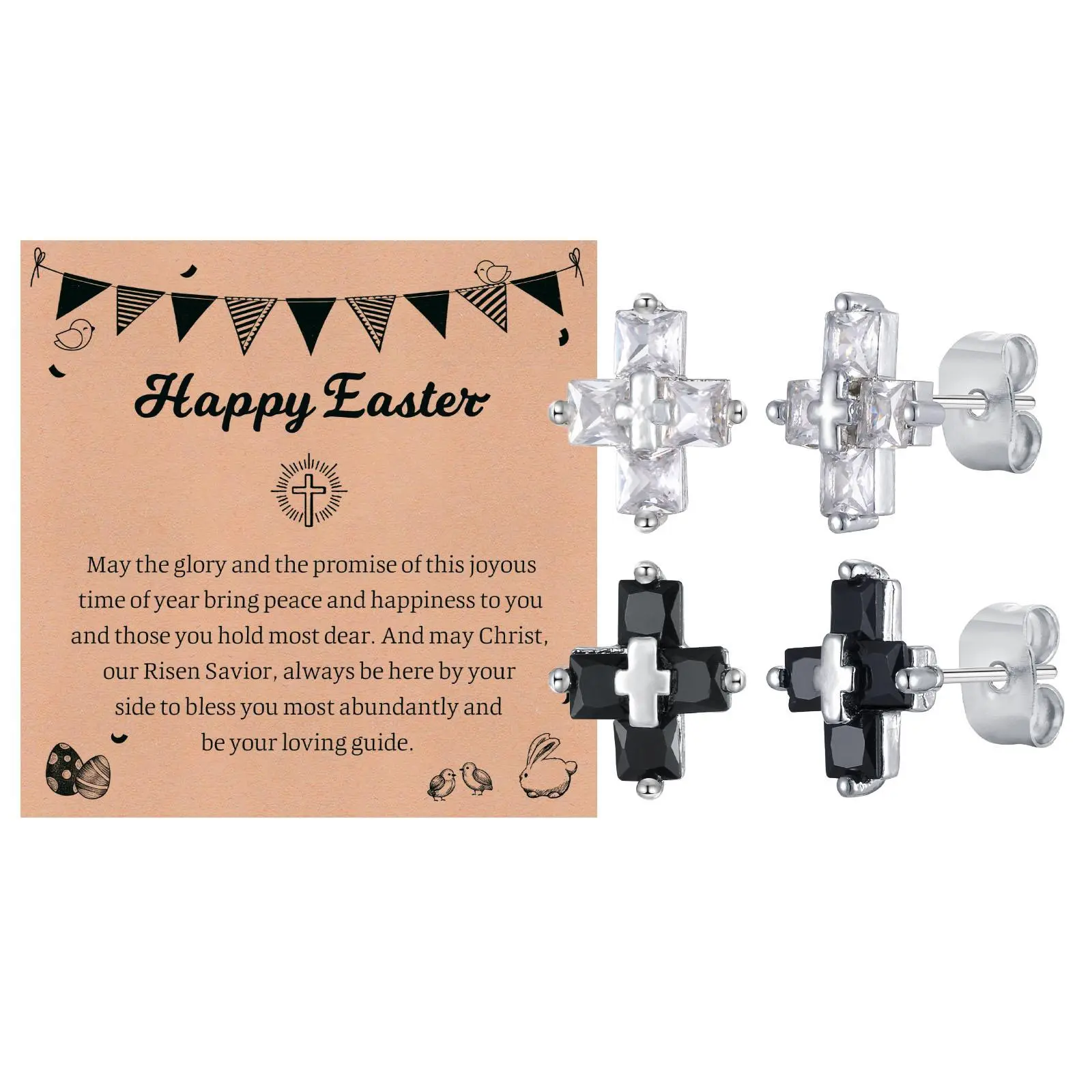 Vnox Black White Zircon Cross Earrings for Men Women, Double Cross Stud Earring, Faith Creative Jewelry Gifts with Easter Card