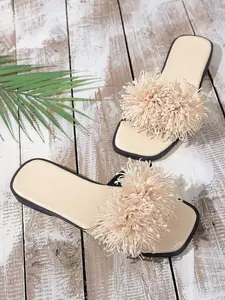 Women's Fluffy Pom Pom Square Toe Slide Sandals, Open Toe Flat Slippers with Frilly Flower Decor, Casual Summer Shoes for Beach, Vacation, Daily Wear Rubber