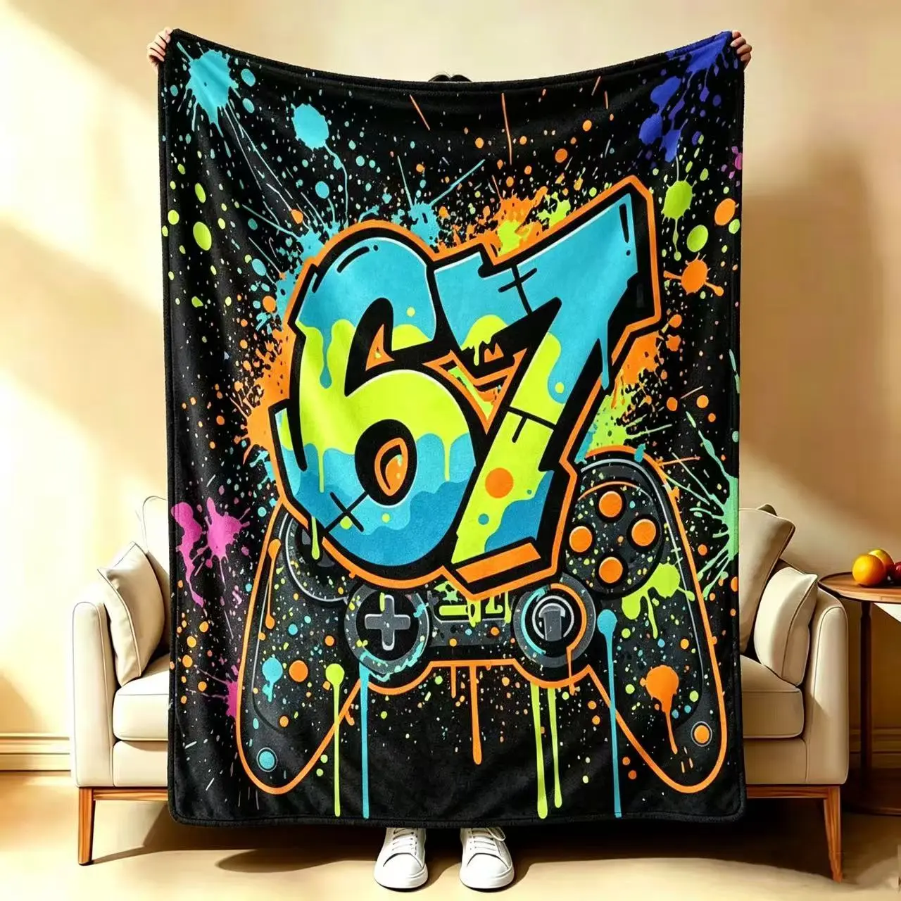 Graffiti 67 Game Controller Flannel Throw Blanket, Neon Splash Paint Gaming Pattern Soft Cozy Blanket, Cool Black Aesthetic Room Decor Gift for Teen Boys Gamers Birthday Present