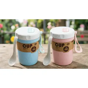 HUOMAQFAN LZYMSZ 2Pcs 300ml Wheat Straw Soup Cups, Microwave-Safe Portable Breakfast Cups with Spoons, Leakproof Porridge Containers for Office, Outdoor Use (Blue & Pink)