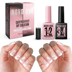 NOVO OVO UV Nail Glue (also work as Builder Gel) and Top Coat ( with Cat Eye effect) Kit, HEMA TPO FREE, Super Strong Adhesive for Press on Acrylic Nails, CatEye Gel Glitter Polish, Magnet Included