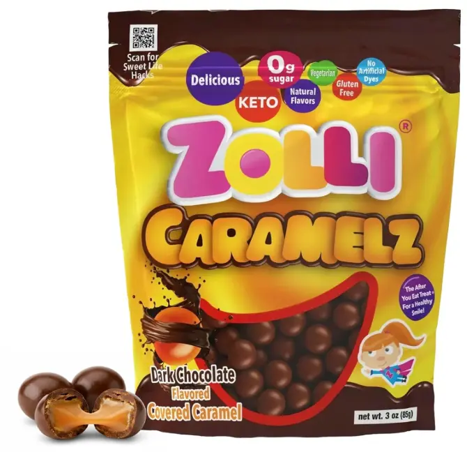 Zolli Caramelz in Dark Chocolate - Sugar-Free Candy, Keto & Diabetic-Friendly Healthy Candy, Dentist-Approved Treats for Kids, 3 oz