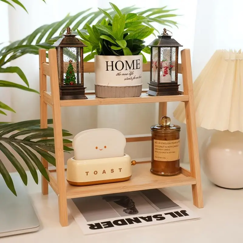 2 Layer Bamboo Display Organizer Racks, Kitchen Storage Rack, Multi-Functional Rustic Style for Kitchen, Cosmetics, Potted Plants, Easy Assembly, Vintage Home Decor, Candle Stand