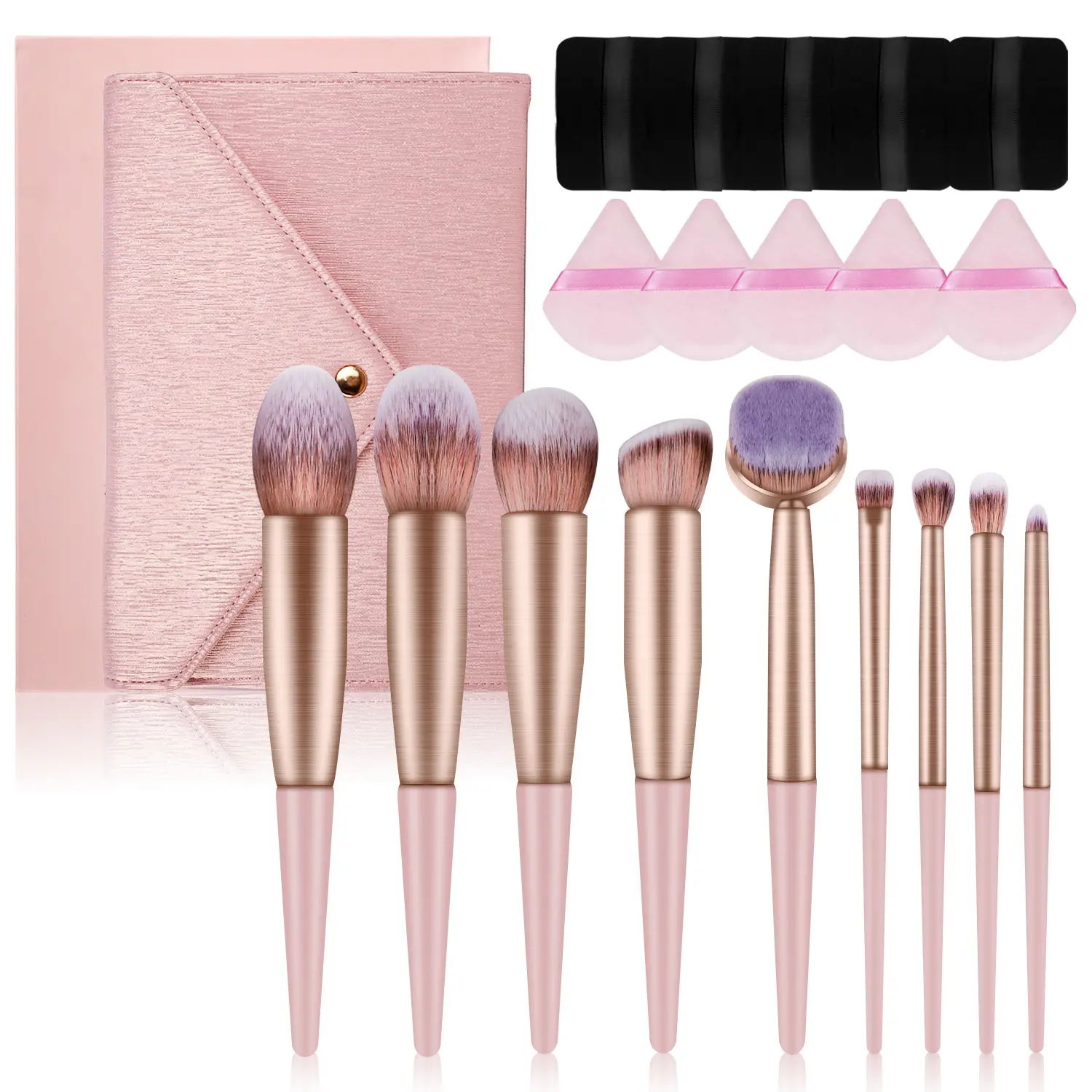 9-piece pink makeup brush set including large foundation brush, eye shadow brush, blush brush, concealer brush, detail brush, etc. Aluminum handle, high-value soft and non-sticky, free storage bag + 5 triangular powder puffs + 5 square fluff powder puffs