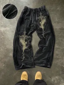 Men's Casual Cotton Pants, Wing Cross Graphic Print, Street Style, Streetwear, Drawstring Waist, Ankle Length, Fitted, All Seasons, Ideal for Outdoor & Parties