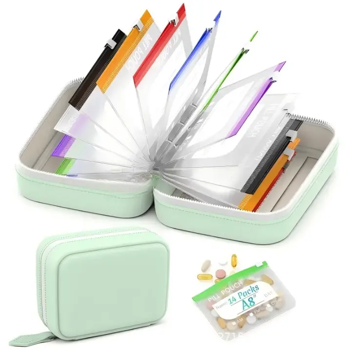 Waterproof Pill Organizer A8 Binder Set Pill Pouches for Travel 14PCS Bags Inside Large Zippered Pouch Bpa-Free Weekly Medicine Air Tight Pocket Color-Coded Reusable Travel Storage System