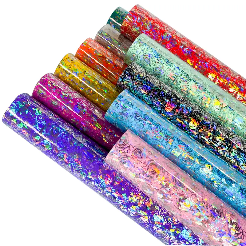 Glossy Rose-Patterned Holographic PU Fabric Roll, Synthetic Textile for DIY Bows, Earrings, Craft Enthusiasts, U.S. In-Stock Fabric Rolls, Fabric Rolls Fabric