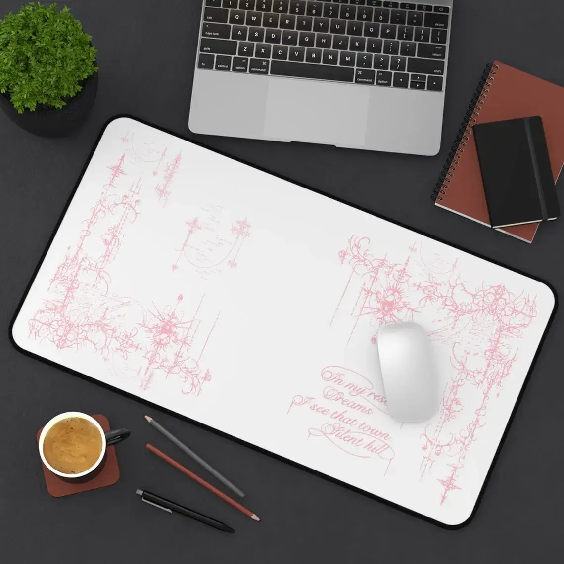 Pink Silent Hill floral script Desk Mat | girly elegant mousepad deskpad, Anime Mouse Pad, Desk Mat, pc accessories.