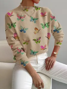 Women's Colorblock Knit Sweater, Casual Stand Collar Butterfly Print, Spring Fall Winter Fashion, Elegant Commuter Wear, Knitwear