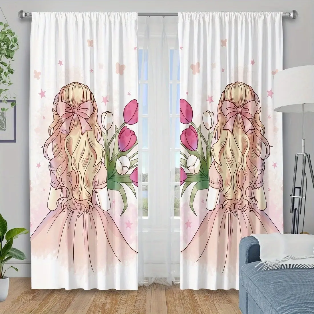 2pcs Anime Girl & Tulip Curtains Window Curtain for Girls' Room, Cute Rod Pocket Drapes for Teen Bedroom & Whimsical Spaces