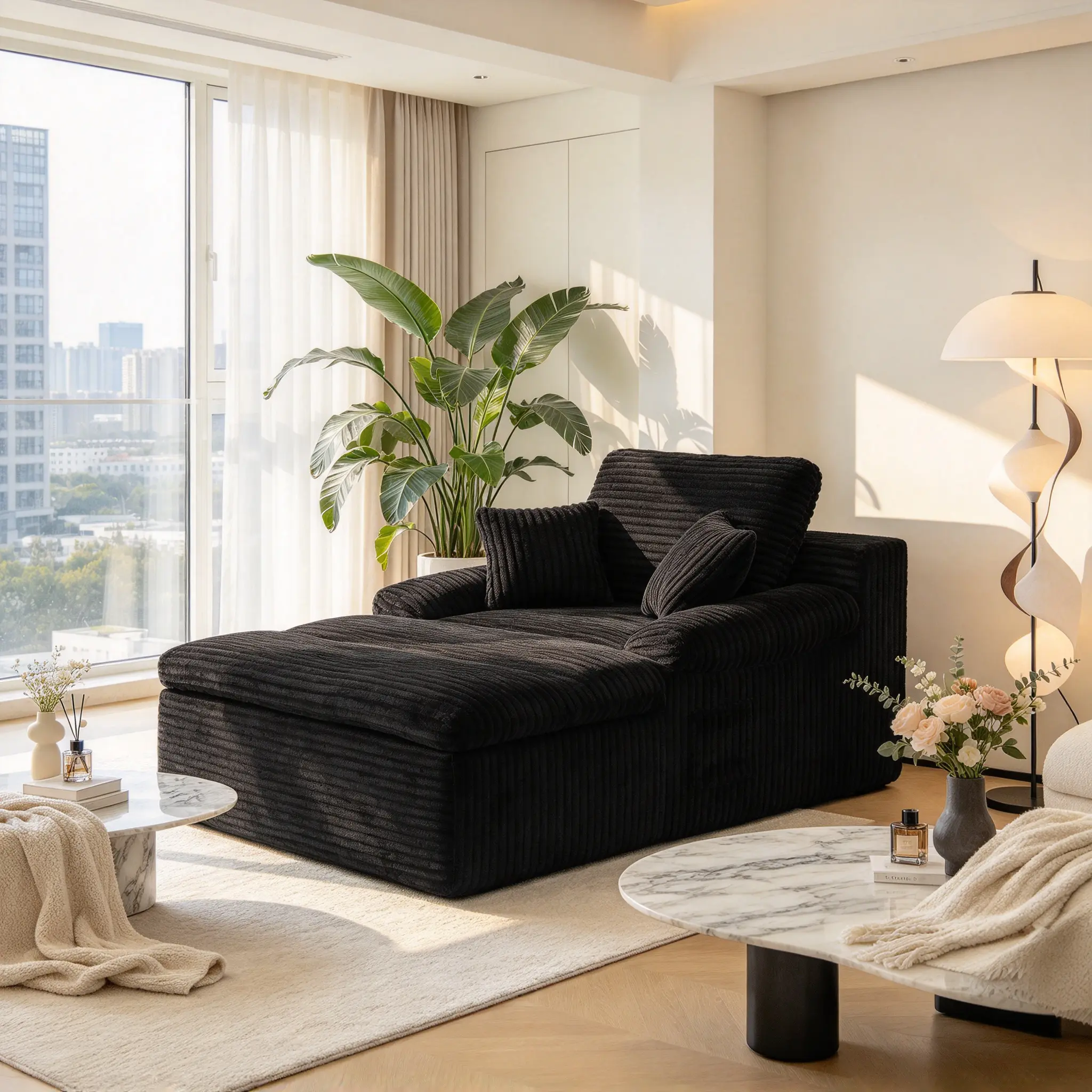 Oversized Boneless Chaise Lounge Chair, No Assembly, Wide Armrests & Dual-Layer Cushion, Corduroy Cloud Reading Chair for Living Room, Bedroom & Apartment