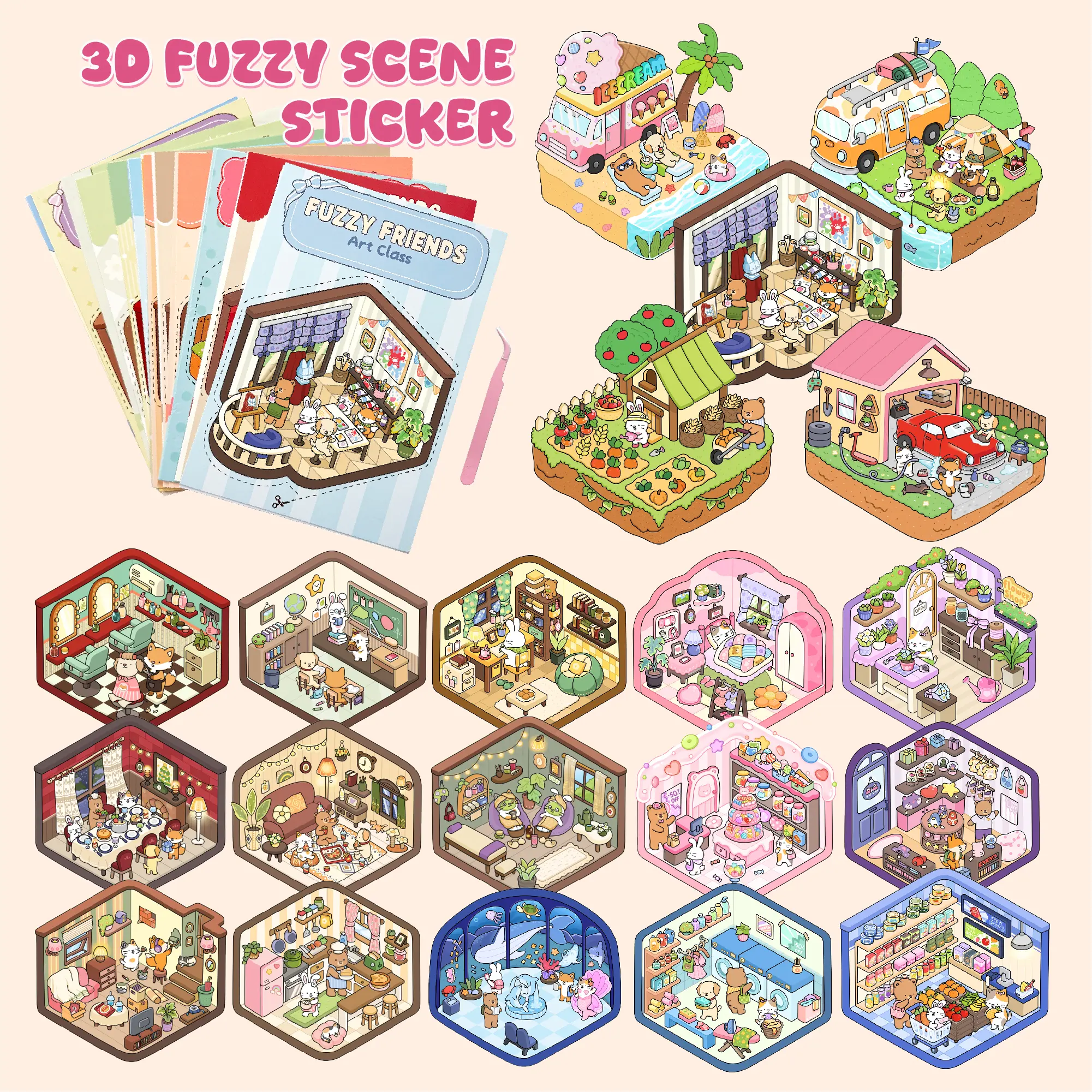 20 Sets DIY 3D Scene Stickers for Kids (3 Years and Up) - Character-Based Fuzzy Friends Sticker Cards with Instructions, Tweeze, for All Seasons Mini Worlds Building Cozy Rooms Handmade Crafts