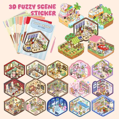 20 Sets DIY 3D Scene Decorative Cartoon Fuzzy Animals Stickers - Hobbies Kit Adults with Instructions, Tweeze, Fuzzy Friends Cards for Women, Baby Shower, Scrapbooking Supplies