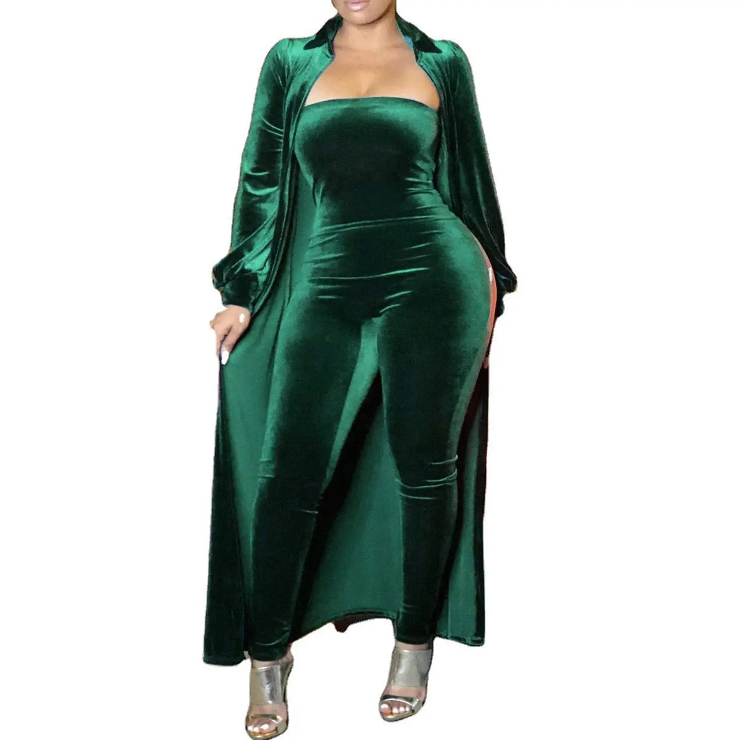 Women's 2-Piece Solid Velvet Suit Set - Long-Sleeve Chic Cardigan, Off-Shoulder Tube Bodycon Jumpsuit, Stylish Party Clothes with Matching Accessories