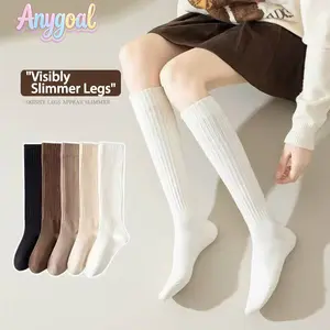 Anygoal Women's  5Pairs Ribbed Knee High Socks, Cute Slim-Fit Solid Color Solid Color Calf Socks, Soft Breathable Slimming Socks, Casual Versatile Socks for Fall Winter, Fashion Footwear for Daily and Boot Matching Thick Socks