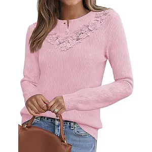MEROKEETY Women's Sweaters Fall 2025 Button Down Lace Casual Business Long Sleeve Crewneck Trendy Winter Pullover Sweater Top