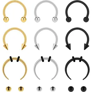 9 count 16G Septum Nose Rings, 10MM Stainless Steel Septum Ring, Eyebrow Helix Cartilage Horseshoe Nose Ring with  Ball Septum   Black   (Mixing Colors)