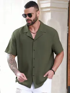 Men's Plus Size Solid Short Sleeve Shirt, Classic Button Front Pure Work Casual Shirt, Fitted Stripes Pattern, Ideal for Daily Wear, Menswear