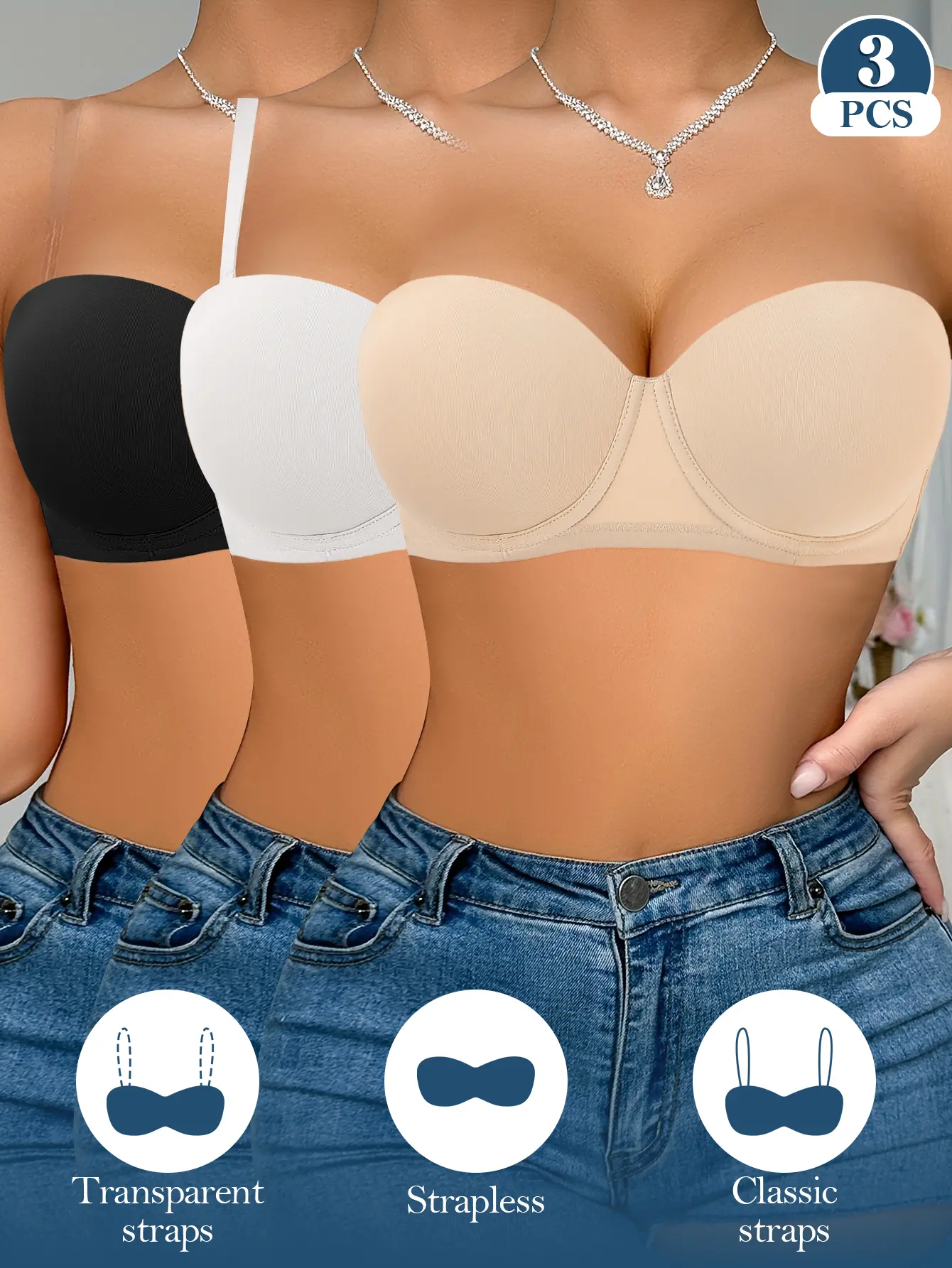 Ecomilky 3PCS Removable Multi-Way Convertible Strapless Bra, Detachable Clear & Classic Shoulder Straps, Smooth Seamless Full Coverage Push Up Support Bra, Wedding Party Daily Casual Lingerie for Curvy Large Bust Women