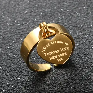 [Forever & Love]Adjustable Heart Ring for Women, Titanium  with Engraved Letter & Dangling Charm, Minimalist Stainless  Open Band Steel