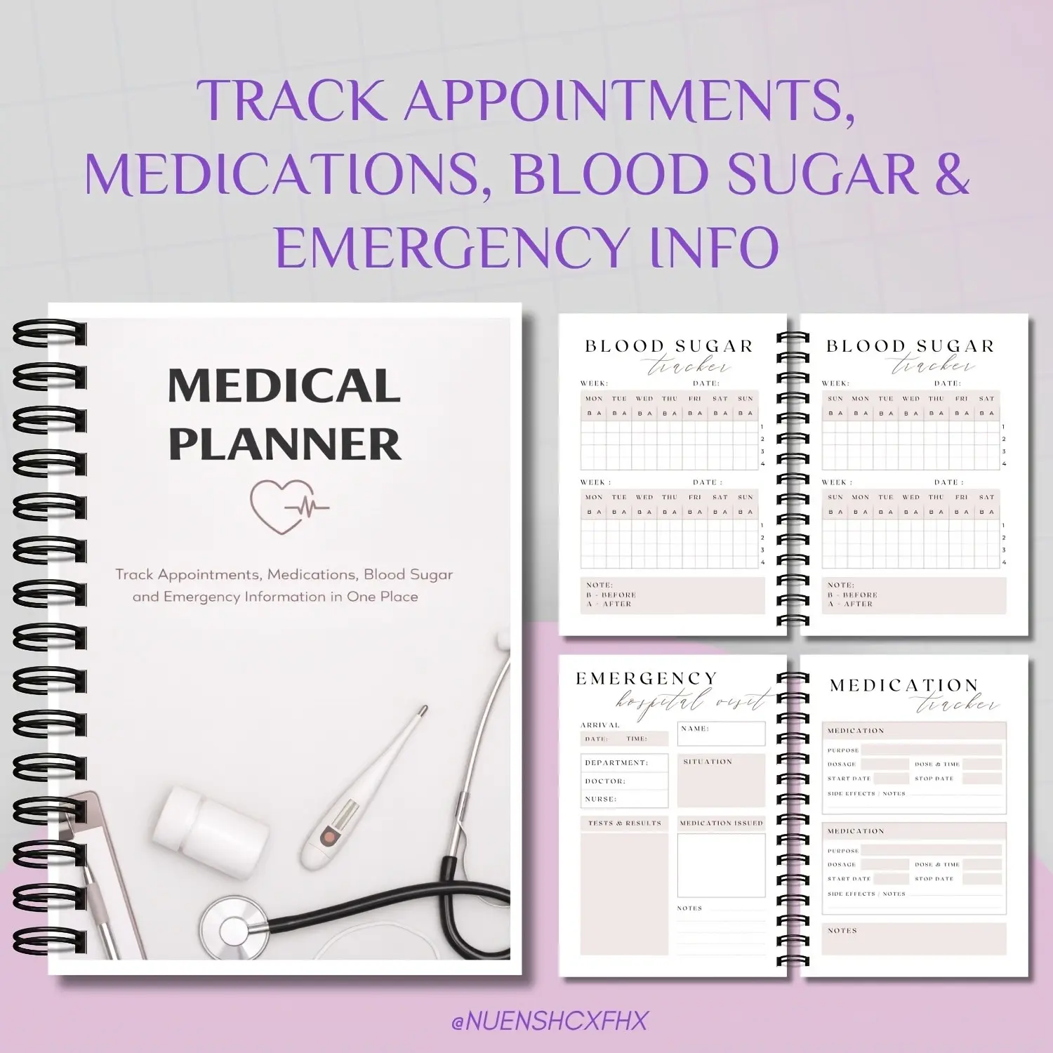 Medical Planner Notebook, Appointment Tracker, Medication Log, Blood Sugar Record, Emergency Contacts, Insurance Info, Spiral Notebook