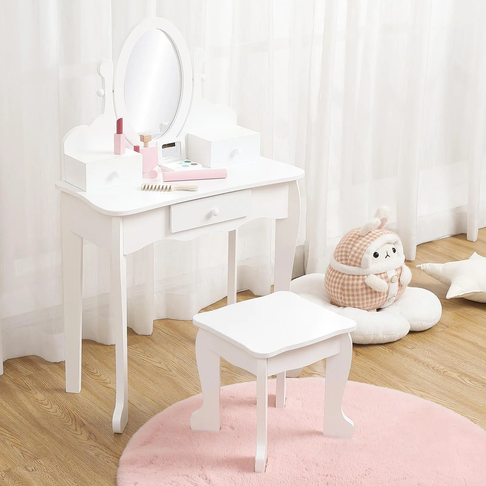 Garvee Kids Vanity Set with Mirror & Stool – Wooden Makeup Table for Little Girls Ages 4-9 – Perfect Dress-Up Furniture for Bedroom or Playroom Dressing Table