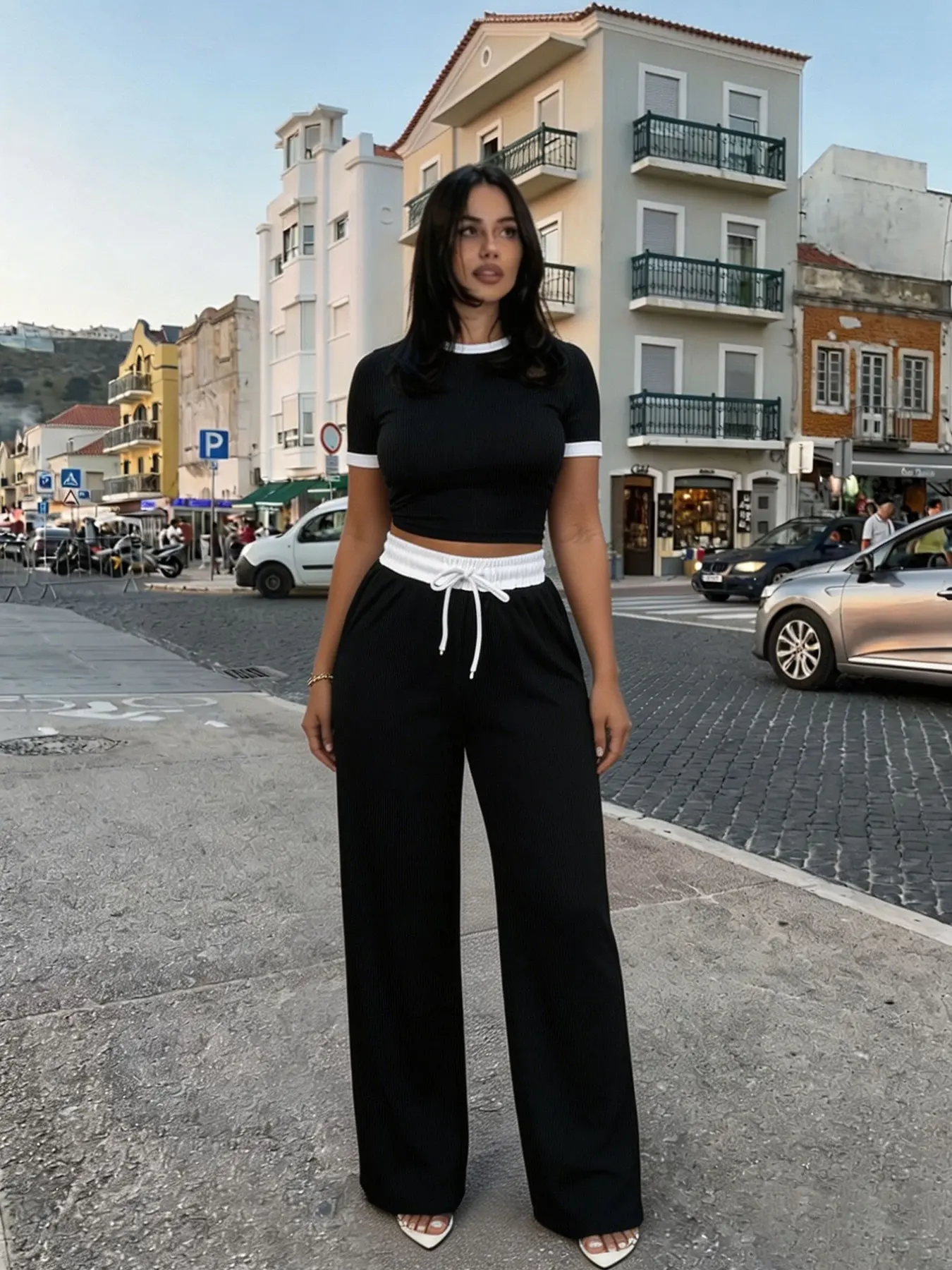 Women's New Casual Style Set Striped Suit, Contrast Trim Round Neck Short Sleeve Top, Elastic Drawstring Waist Pants Outfit, Slant Pocket Design Fit