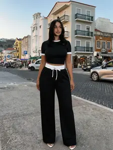 Women's New Casual Striped Suit, Contrast Trim Round Neck Short Sleeve Top, Elastic Drawstring Waist Pants Set Outfit, Slant Pocket Design Fit