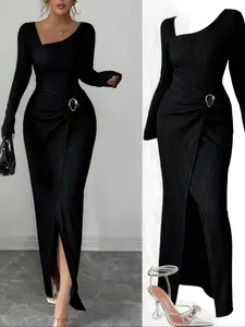 Elegant Women's Long Sleeve Asymmetrical Dress, Summer Casual Slim Fit, Perfect for Commuting or Party, Minimalist Design, Chic, Evening