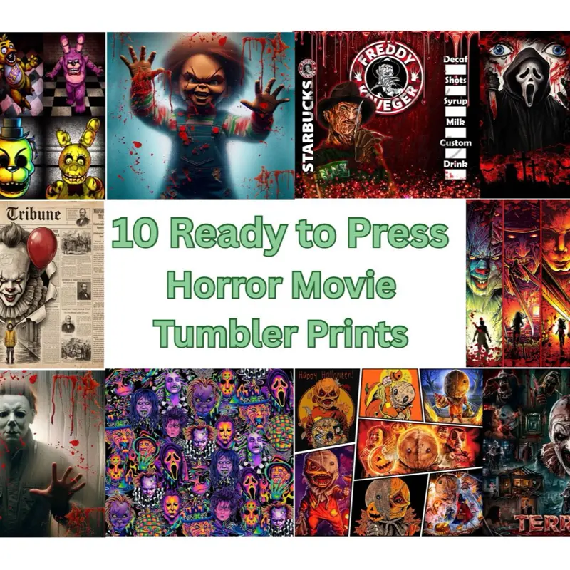 10 Pack Horror Movie-Inspired Tumbler Sublimation Prints Bundle | Ready to Press 20oz Skinny Wraps | DIY Cup Transfers for Horror Movie Lovers