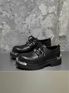 Men's Black Leather Dress Shoes with Metal Trim, Dark Functional Style, Leather Material, Unique Design & Textured, Ideal for Personalized Outfits & Trendy Displays, Walking Shoes