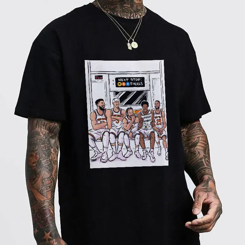 Men's 100% Cotton Loose-Fit Round Neck Short-Sleeve Oversized T-Shirt - Knicks Team Subway Cartoon Graphic, Plant Print, Medium Length, Foldable, Casual Streetwear for Dad Fans, All-Season Basketball Game Day Collectible Top