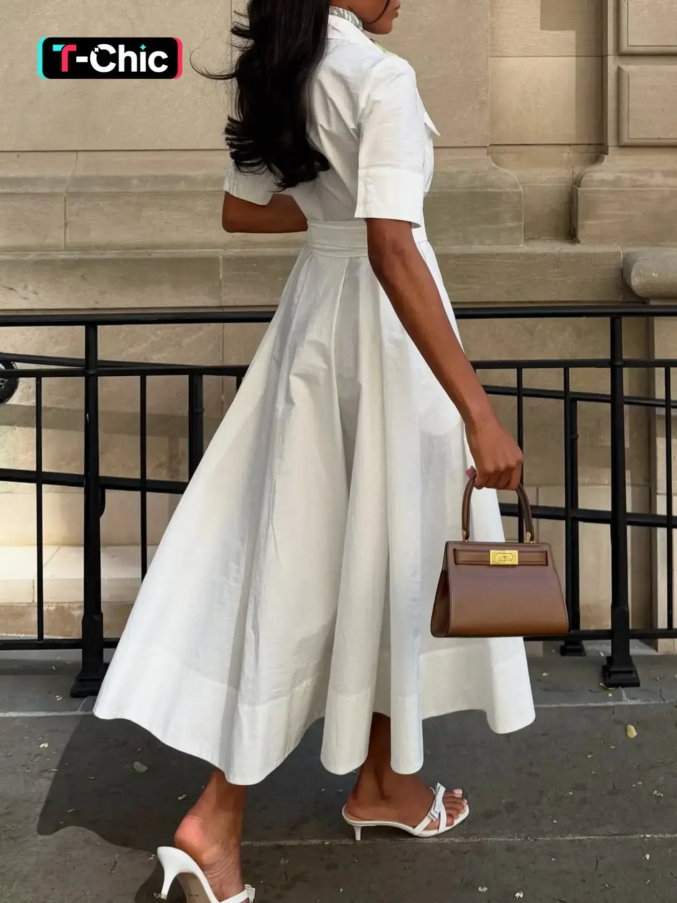 Simple Casual Lapel Short-Sleeve Belted Midi Dress, Slim-Fitting Plain Design, Women's Fashionable Summer Wear, Elegant Daywear for Women