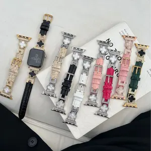 Four-leaf clover round crocodile pattern genuine leather strap suitable for Apple Watch iWatch Series 10/9/8/7/6/5/4/Ultra/SE