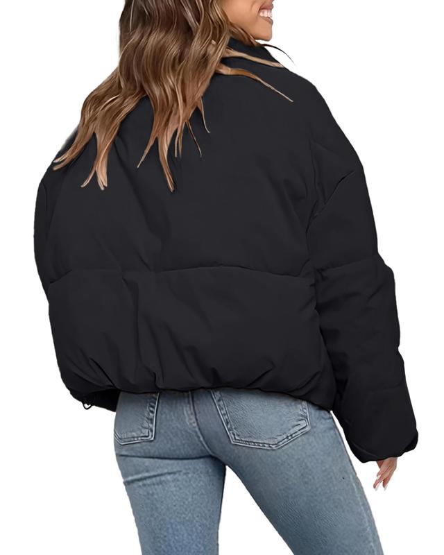 Polu Women's Winter Cropped Puffer Jacket Oversized Long Sleeve Full Zip Puffy Coat Warm Quilted Jacket with Pockets