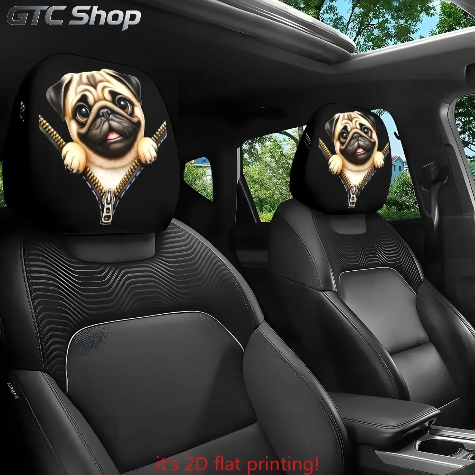2 Pack Pug Print Zippered Car Headrest Pillow Covers, Pre-filled, Durable & Easy to Install, Fun Stylish Interior Upgrade, Universal Fit Auto Accessories, Cute Decor & Ideal Holiday Gift for Dog Lovers