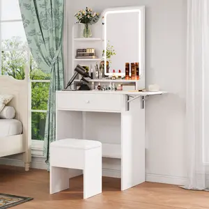 DAYAGO Small Vanity Set Makeup Table with 3 Tier Open Shelves Drawers Hidden Storage Stool Foldable Side Shelf Outlets & USB Ports