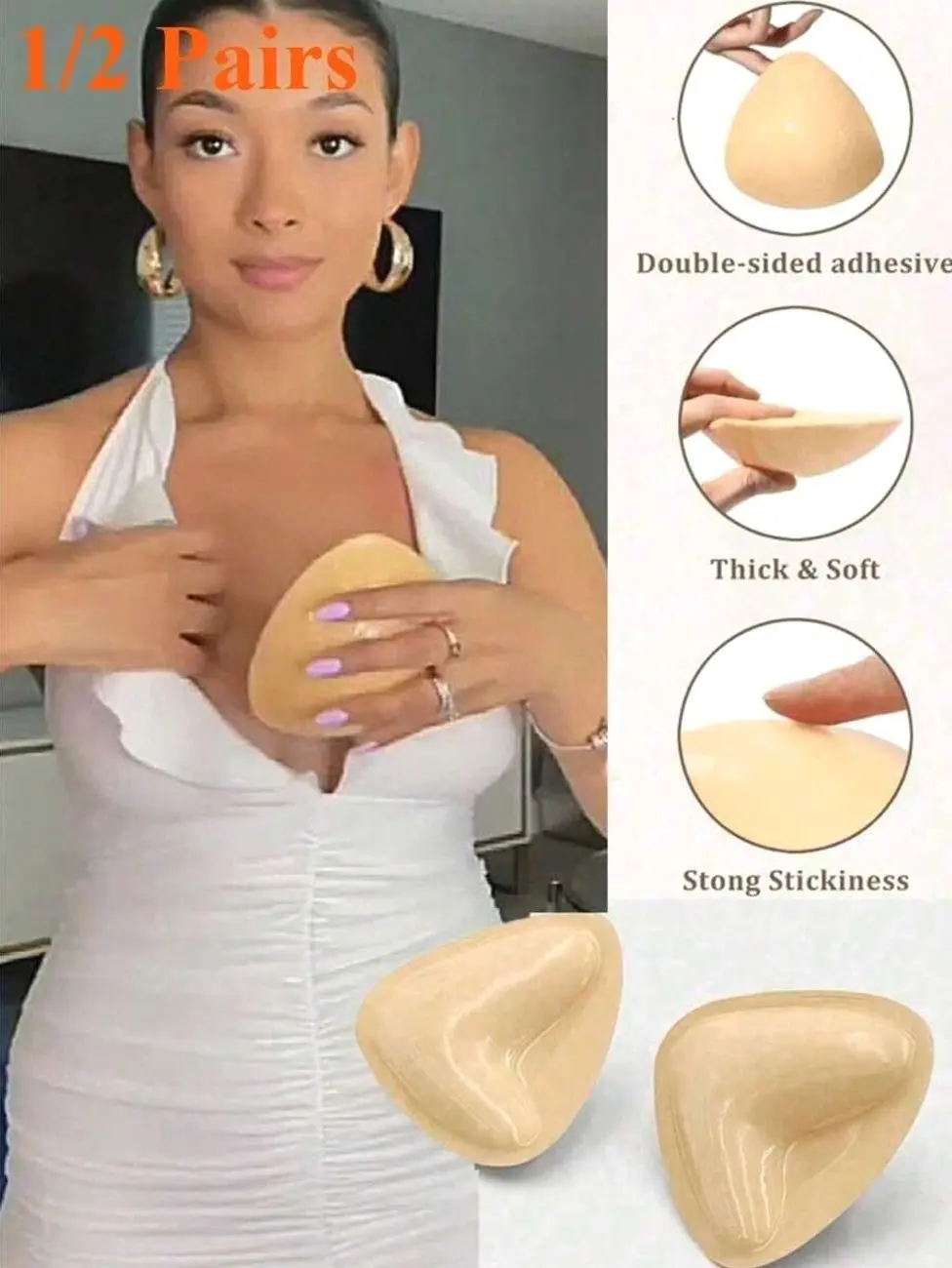 Adhesive Bra Inserts, Double-Sided Silicone Push Up Pads for Dresses and Bikinis, Breathable Invisible Padding, 1 or 2 Pairs